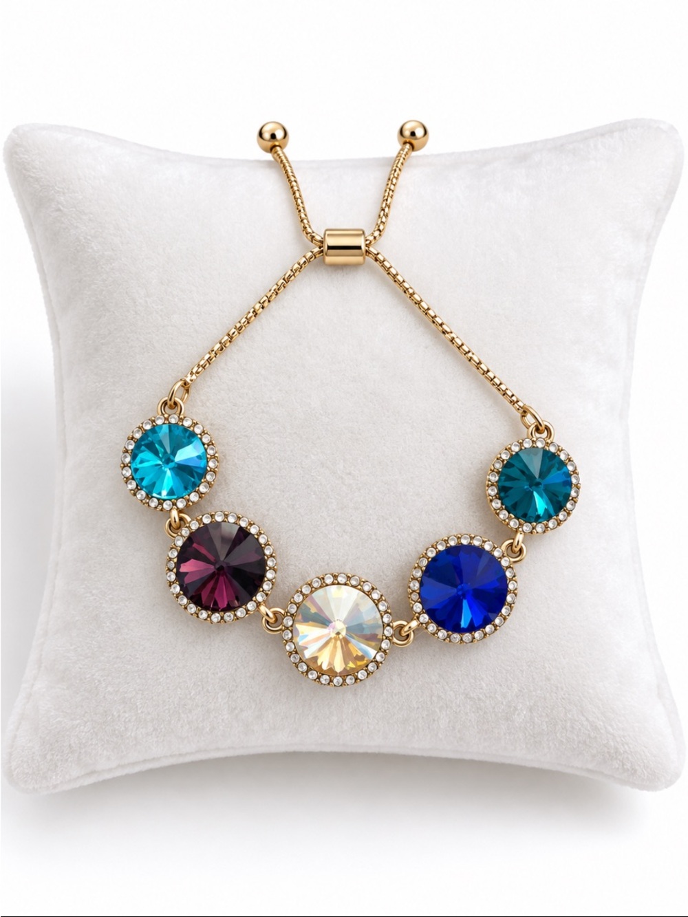 Multicolor Crystal Rhinestone Halo Gold-Tone Adjustable Slider Bracelet